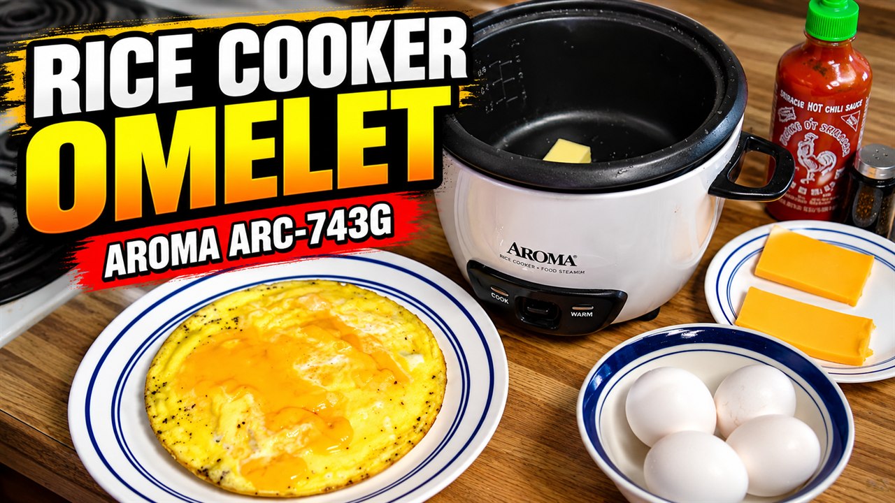 Rice cooker omelet on a plate next to an Aroma ARC-743G rice cooker with eggs, cheese and Sriracha