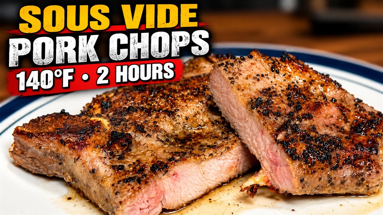Sliced sous vide pork chops with a seared exterior and juicy interior